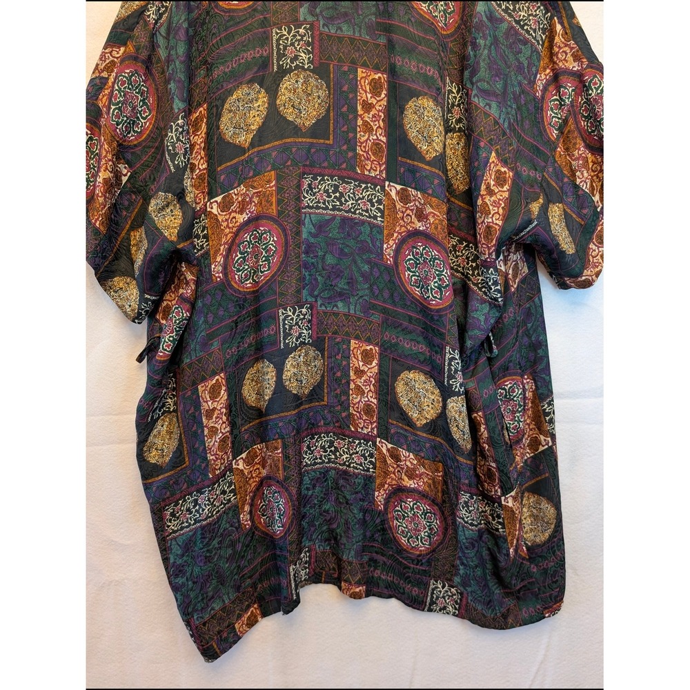 August Silk Intimates 100% Silk Kimono Robe Patchwork Tapestry Green Purple - Picture 9 of 11